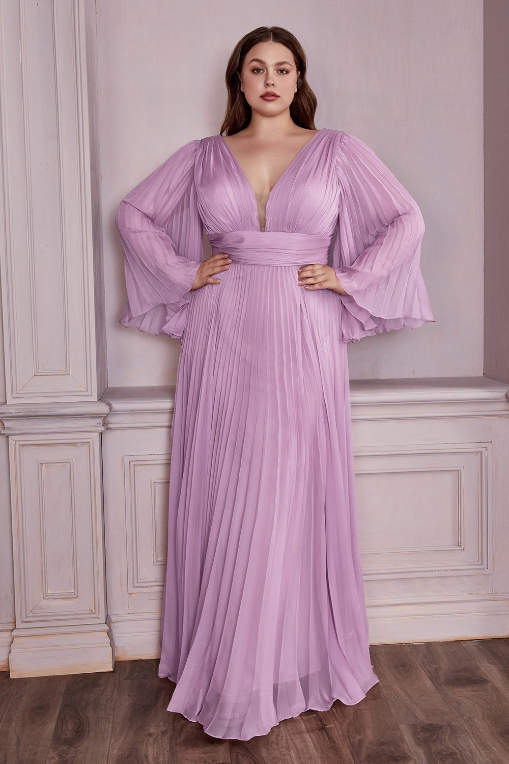 Long Sleeve Illusion V-neck Bodice Plus Size Chiffon Pleated Prom Gown Curvy Solid Bridesmaid Dress A-line Silhouette Skirt CDCD242C Sale Elsy Style Bridesmaid Dress