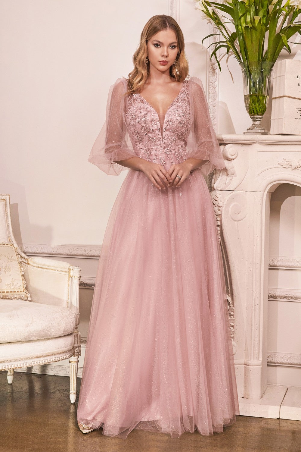 Long Sleeve Shimmering Ball & Prom Gown Embellished Bodice wirh V-neckline Vintage A-Line Tulle Skirt CDCD0182 Elsy Style Prom Dress