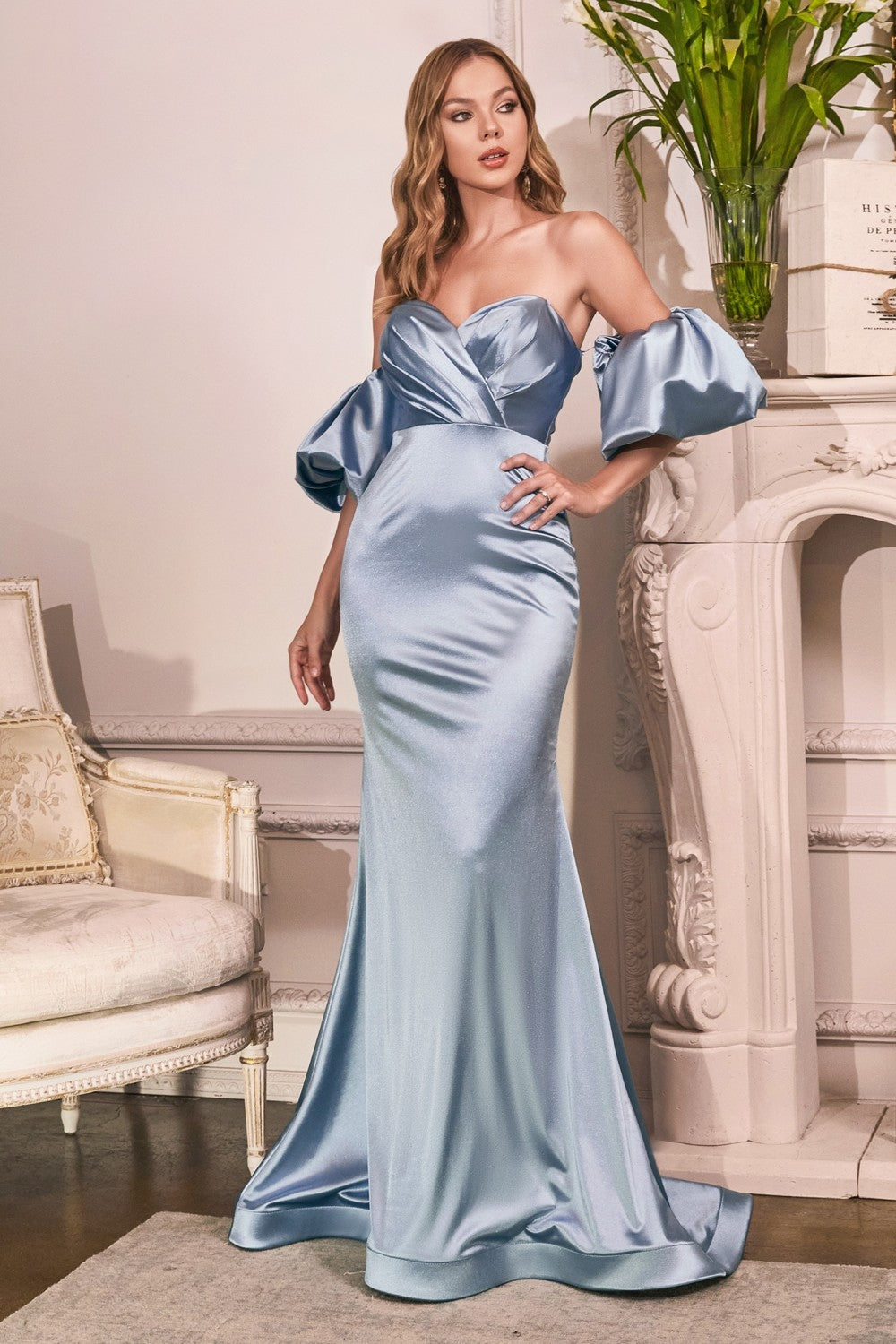 Luxury Puff Sleeves Satin Curve Gown Gathered Wrapped Sweetheart Bodice Mid Open Back Elegant Style Classic Vintage CDCD983 Elsy Style Evening Dress