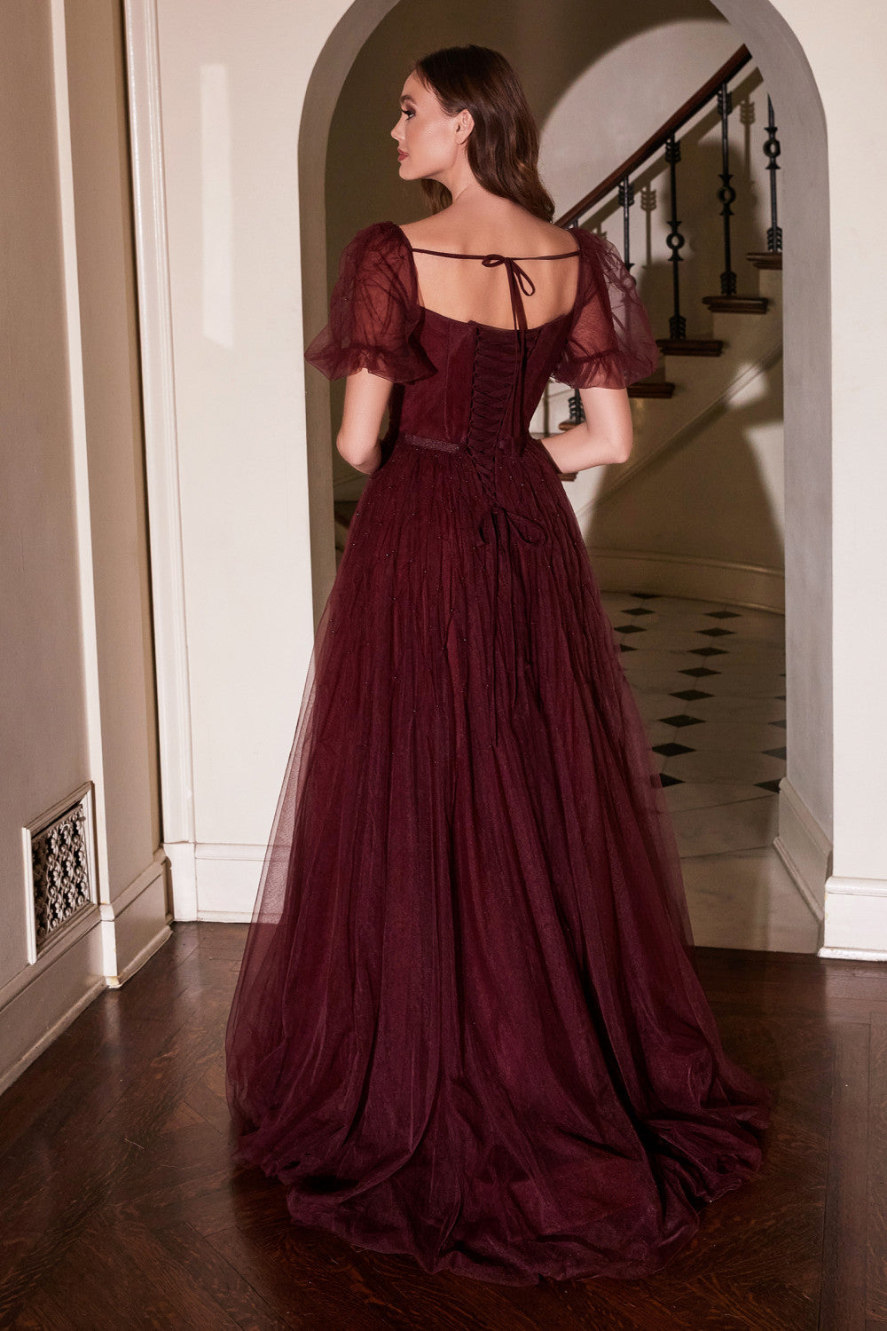 MAROON PUFF SLEEVE BALL GOWN ALB712 Elsy Style All dresses