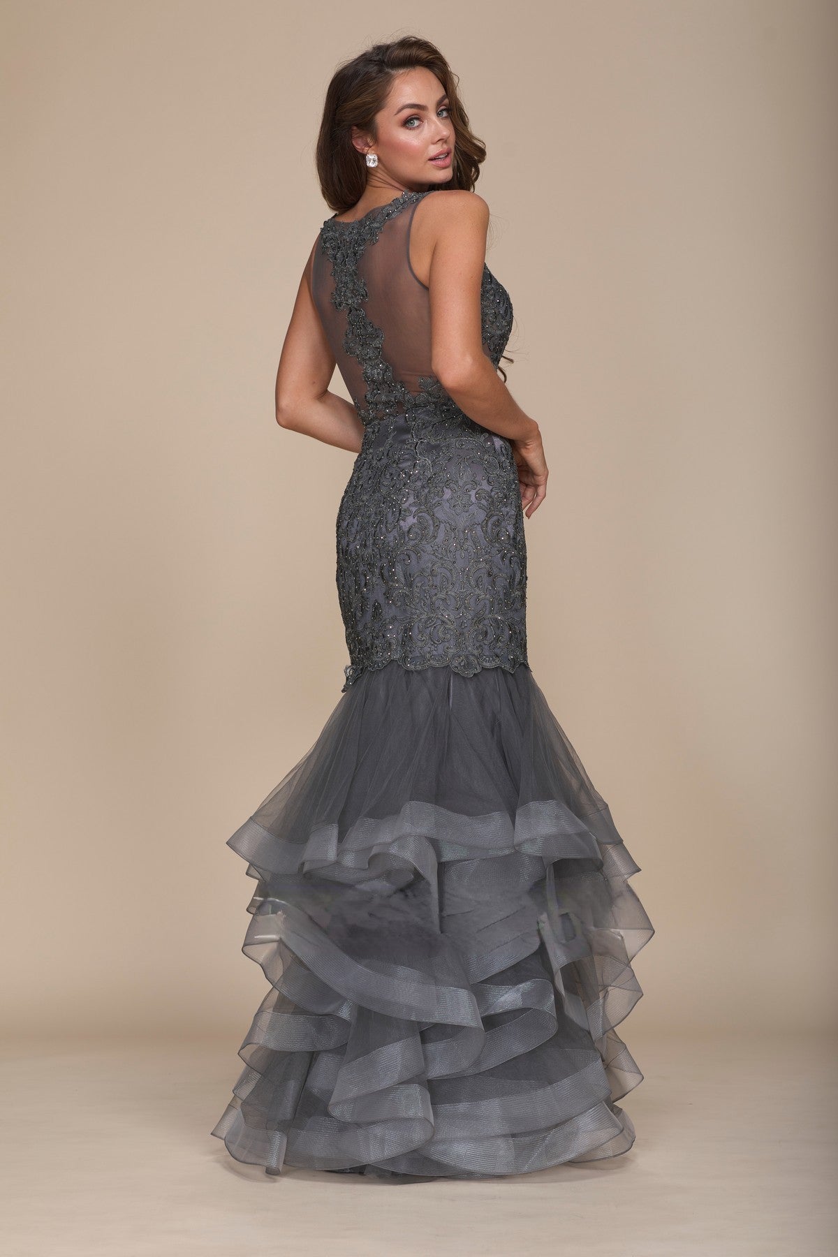 Mermaid Tiered Skirt Straps Sheer Back Long Prom Dress NXA059 Elsy Style Prom Dress
