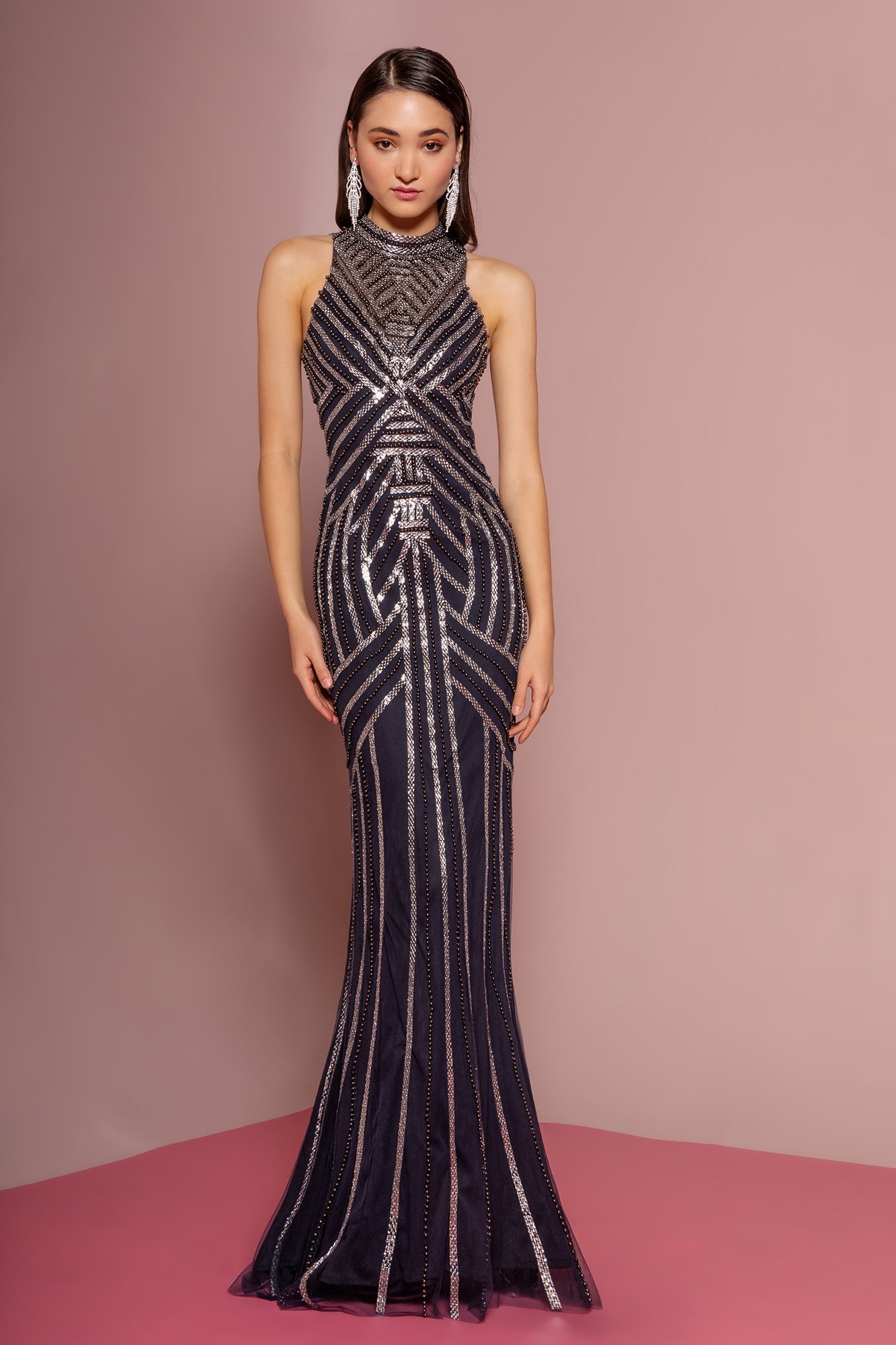 Metallic Applique Embellished Mermaid High-Neck Long Dress GLGL2677 Elsy Style PROM