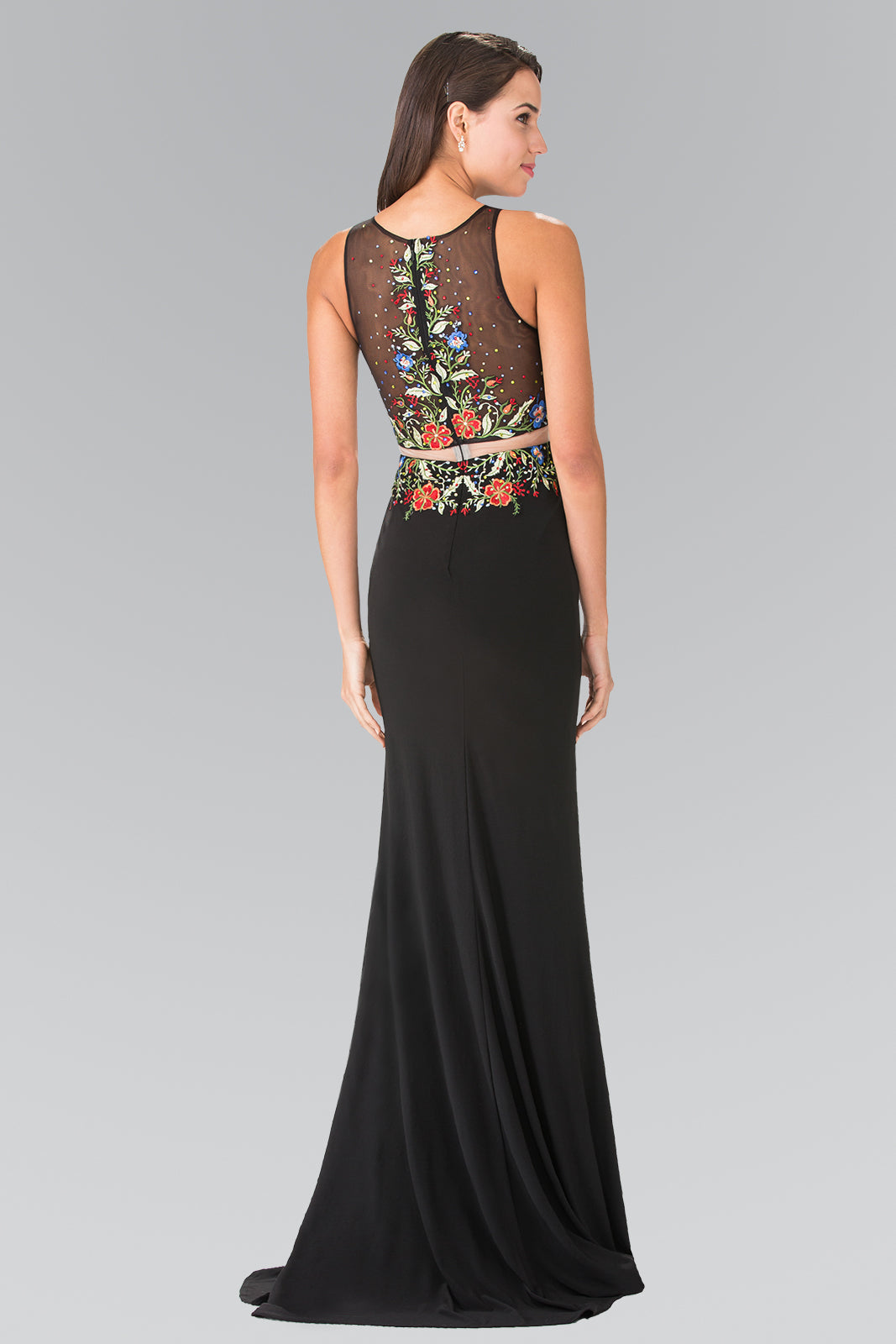 Mock Two-Piece Jersey Long Dress with Floral Embroidery Details GLGL2241 Elsy Style PROM