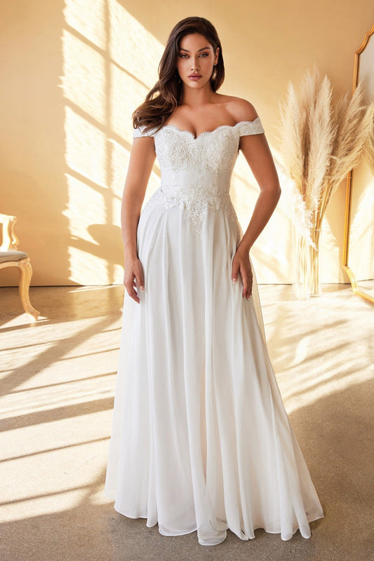Off Shoulder Bridal Gown Modern Bride Floral Bodice Appliqued Embroidered Top with Cap Sleeves A-line Wedding Dress CD7258W Elsy Style Wedding Dresses