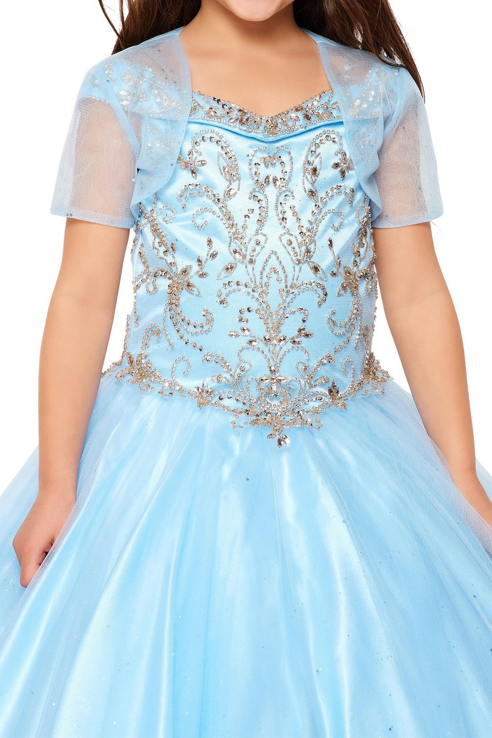 Off Shoulder Hand Beaded Rhinestone Glitter Mesh Quinceanera Girl Dress CU8017X Elsy Style Kids Dress