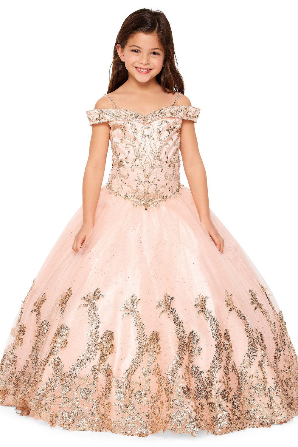 Off Shoulder Hand Beaded Rhinestone Glitter Mesh Quinceanera Girl Dress CU8017X Elsy Style Kids Dress