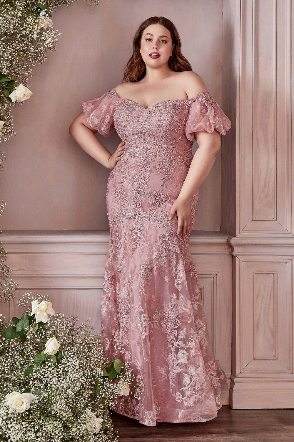 Off Shoulder Mermaid Gown Embroidered with Floral Pattern Prom & Bridesmaid Dress Short Puff Sleeve CDCD959C Elsy Style Prom Dress