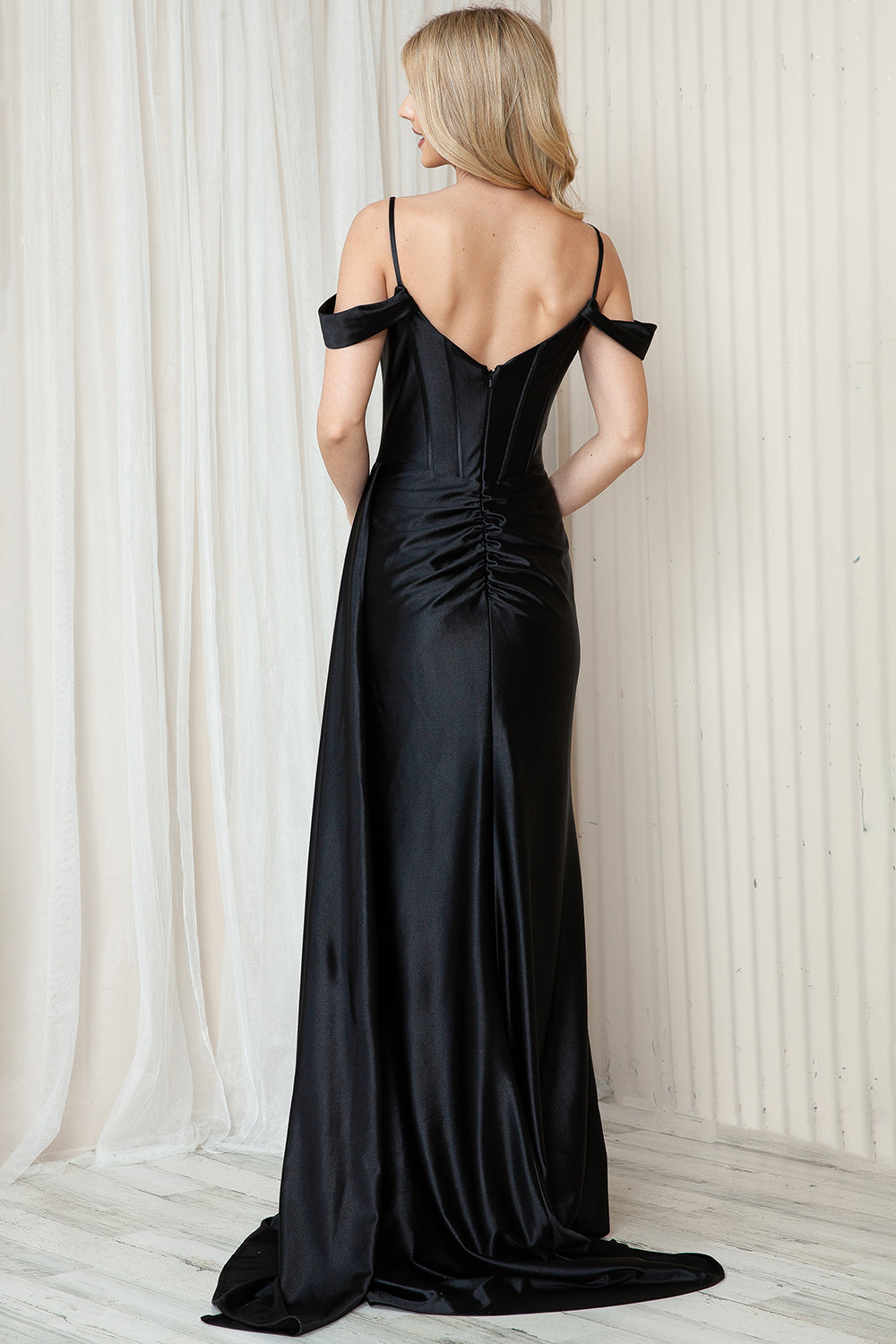 Off Shoulder Satin Side Slit Straps Long Evenin & Prom Dress AC5047 Elsy Style Evening Dress