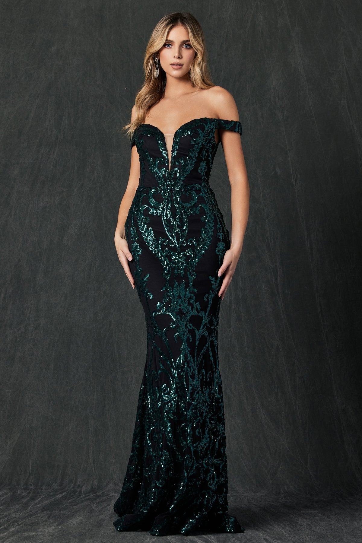 Off Shoulder Sequin Mermaid Illusion V-Neck Long Prom Dress JT247 Elsy Style Prom Dress