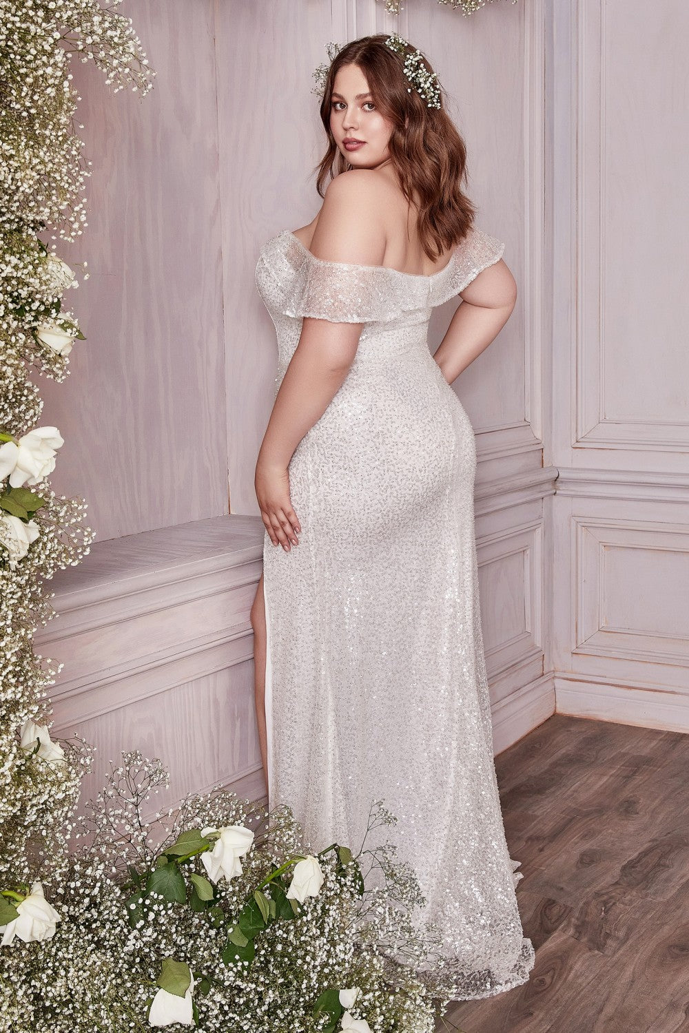 Off Shoulder Sequin Wedding & Bride Gown Fitted Bodice with Deep Illusion Neckline Sensual Bride Gown Playful High Leg Slit CDCH167W Elsy Style Wedding Dresses