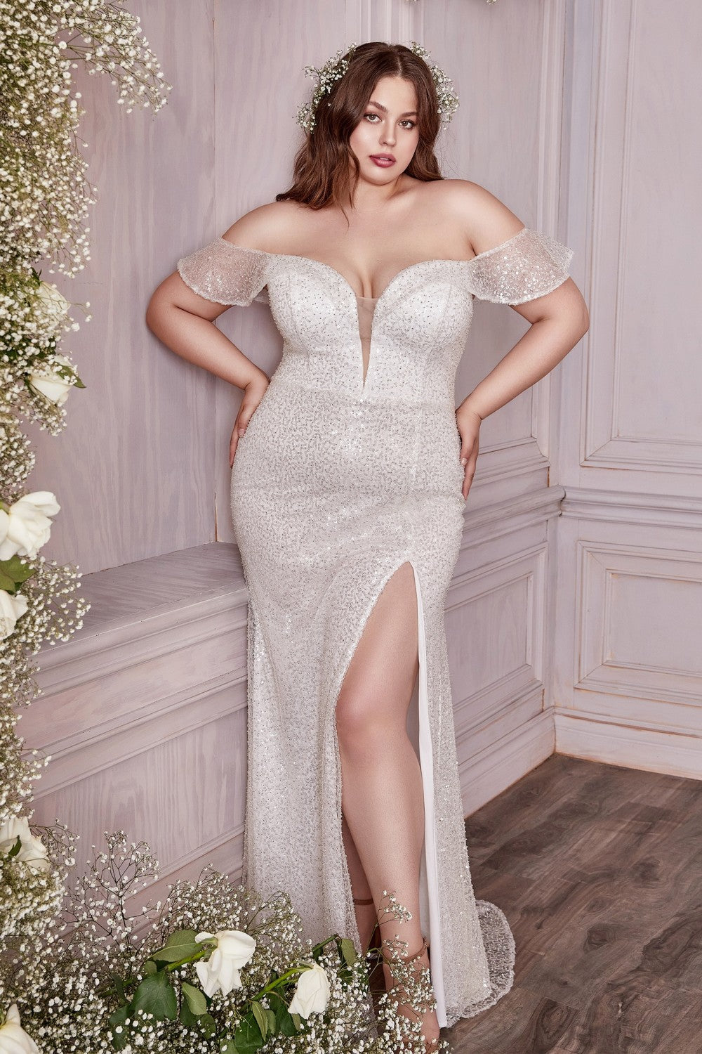 Off Shoulder Sequin Wedding & Bride Gown Fitted Bodice with Deep Illusion Neckline Sensual Bride Gown Playful High Leg Slit CDCH167W Elsy Style Wedding Dresses