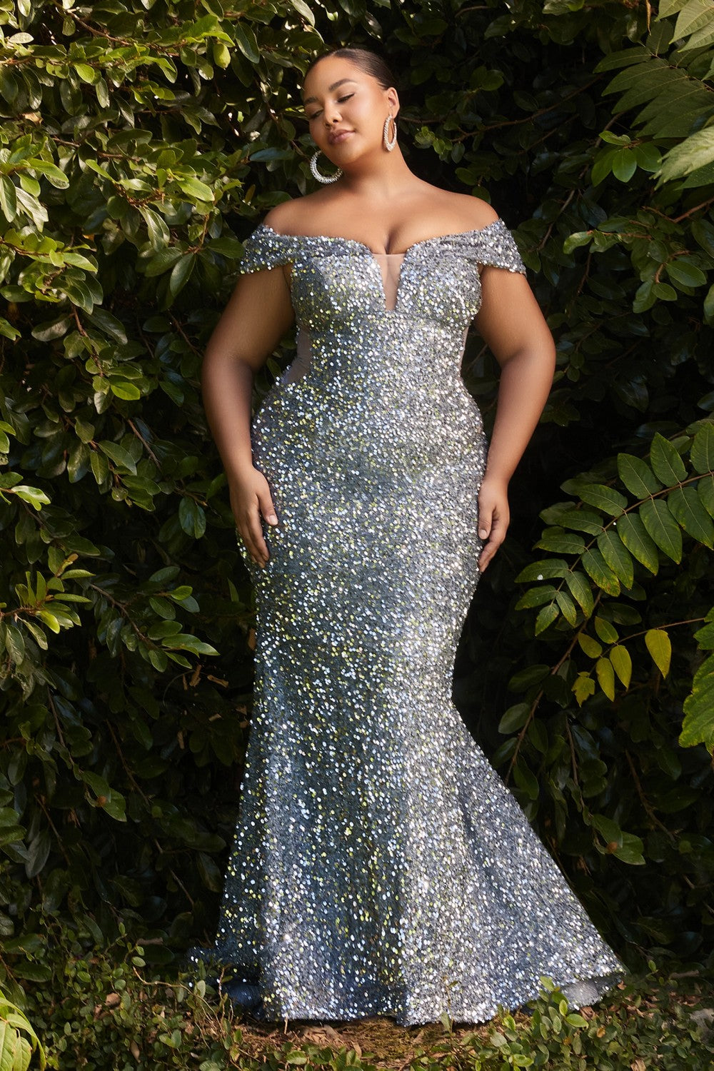 Off Shoulder Sequin prom & Ball Plus Size Dress Fitted Bodice with Deep Illusion Neckline Sensual Curve Gown with Sexy Skirt CDCD975C Elsy Style Evening Dress