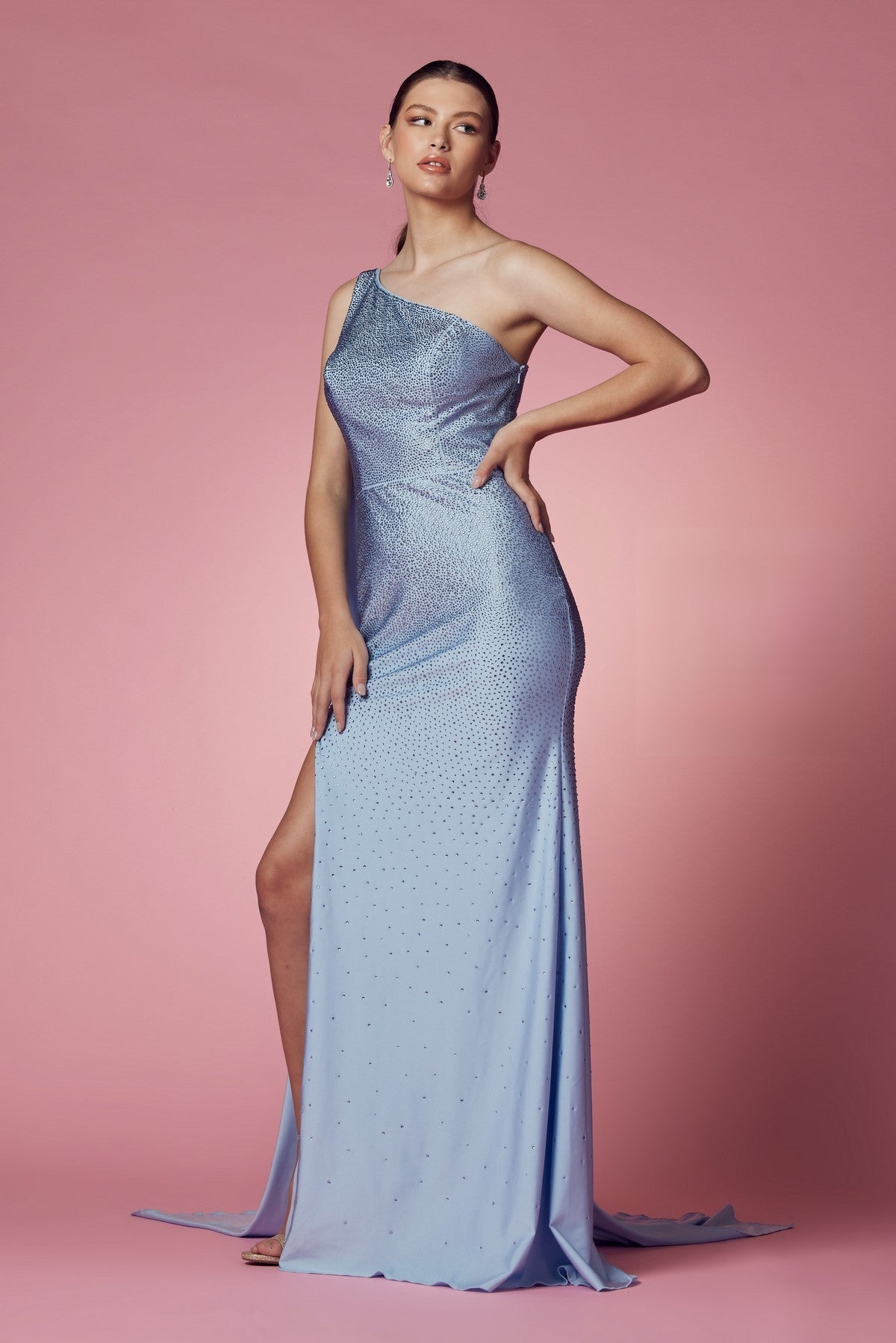 One Shoulder High Slit Embellished Jewel Long Prom & Evening Dress NXE1039 Elsy Style Prom Dress