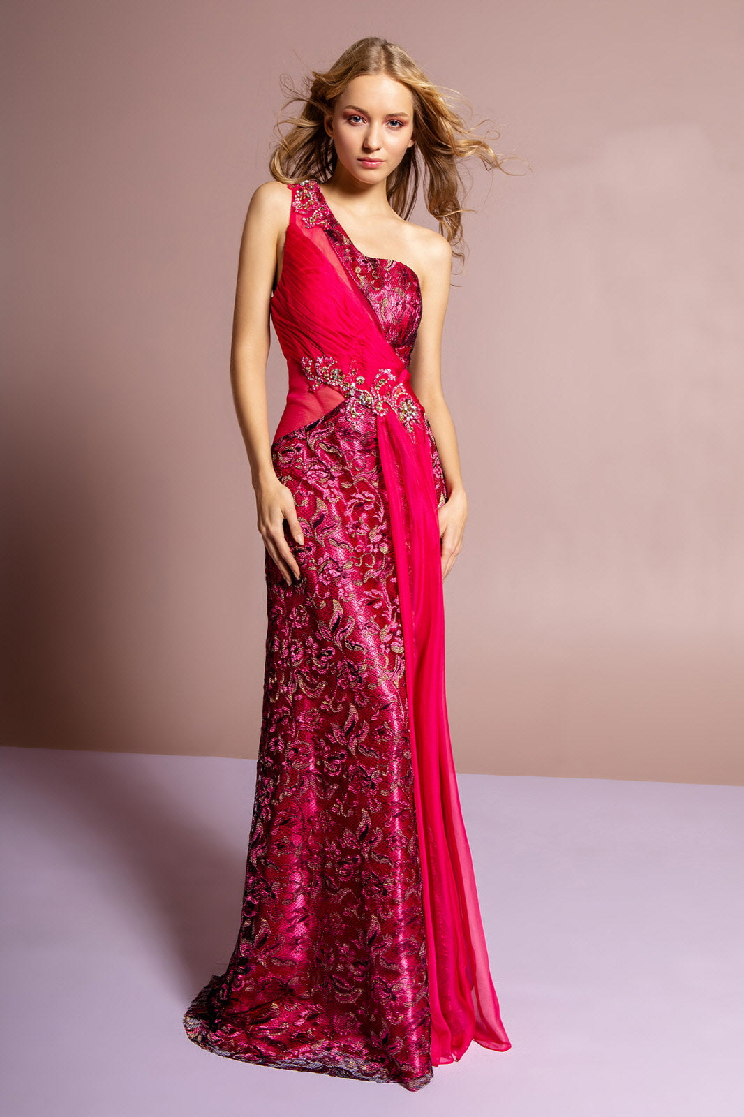 One Shoulder Lace Long Dress with Beaded Waist and Chiffon Overlay GLGL1095 Elsy Style PROM