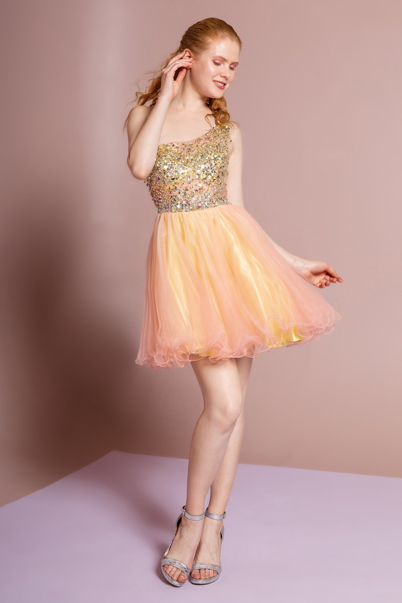 One Shoulder Rolled Hem Short Dress with Jewel Embellished Bodice GLGS2033 Elsy Style HOMECOMING