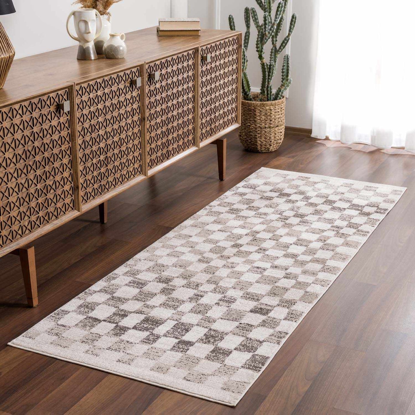 Benjy Beige Checkered Area Rug