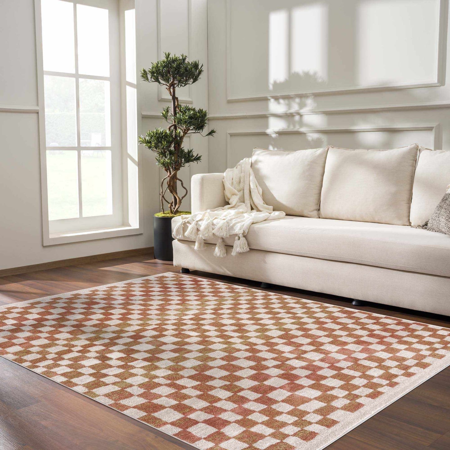 Benjy Cream & Salmon Checkered Area Rug