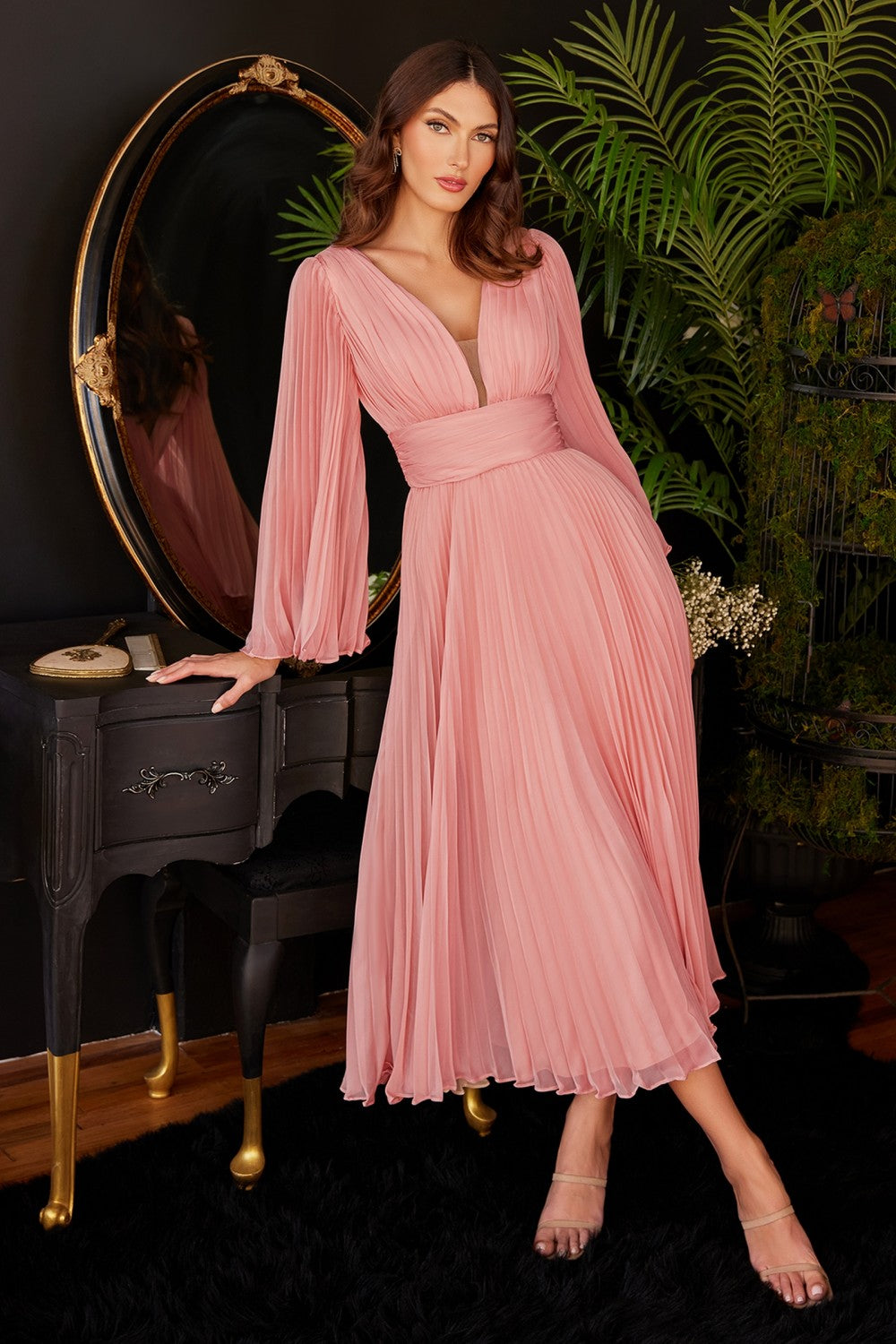 Pleat Chiffon Short Prom & Ball Gown Deep v-neckline Bodice with Open Back and Covered Shoulders Fairy Midi Tea Length Dress CDCD242S Elsy Style Bridesmaid Dress