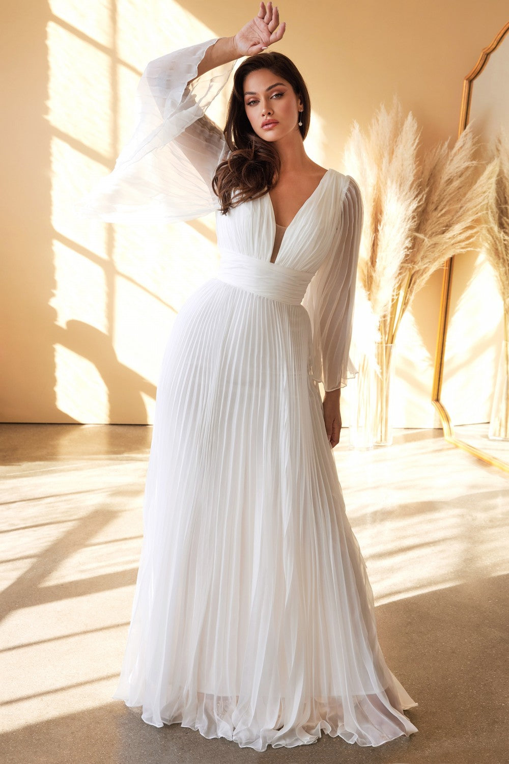 Pleated Chiffon Bridal Gown Deep v-neckline Bodice with Open Back and Covered Shoulders Pretty Wedding Ceremony Dress CDCD242W Elsy Style Wedding Dresses