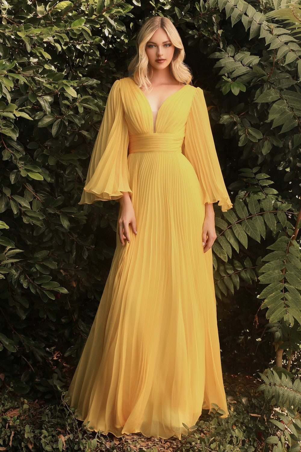 Pleated Chiffon Prom & Ball Gown Deep v-neckline Bodice with Open Back and Covered Shoulders Fairy Mother of the Bride Dress CDCD242 Elsy Style Bridesmaid Dress