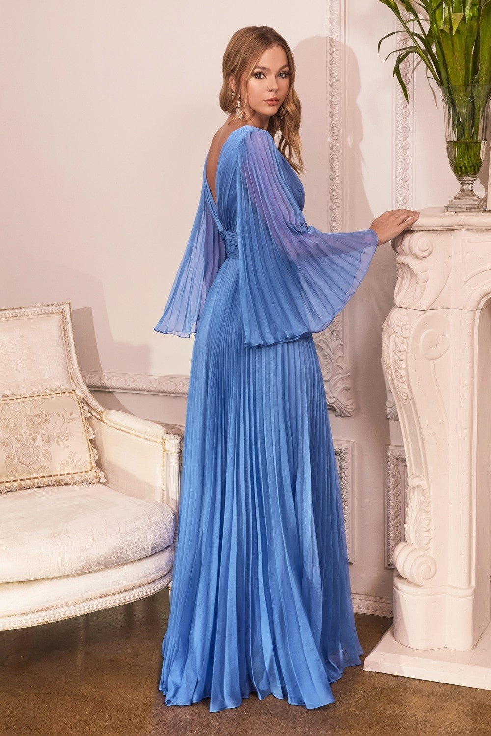 Pleated Chiffon Prom & Ball Gown Deep v-neckline Bodice with Open Back and Covered Shoulders Fairy Mother of the Bride Dress CDCD242 Elsy Style Bridesmaid Dress
