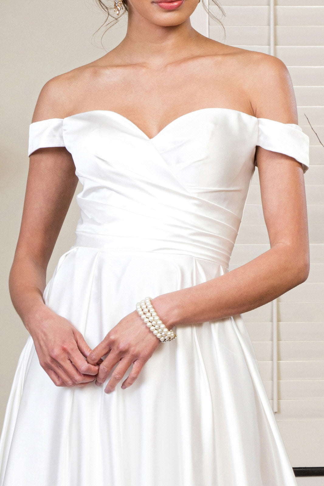 Pleated Waistline Sweethearted Cut-Away Shoulder Satin A-Line Dress - Mask Not Included GLGL1908 Elsy Style Wedding Dress