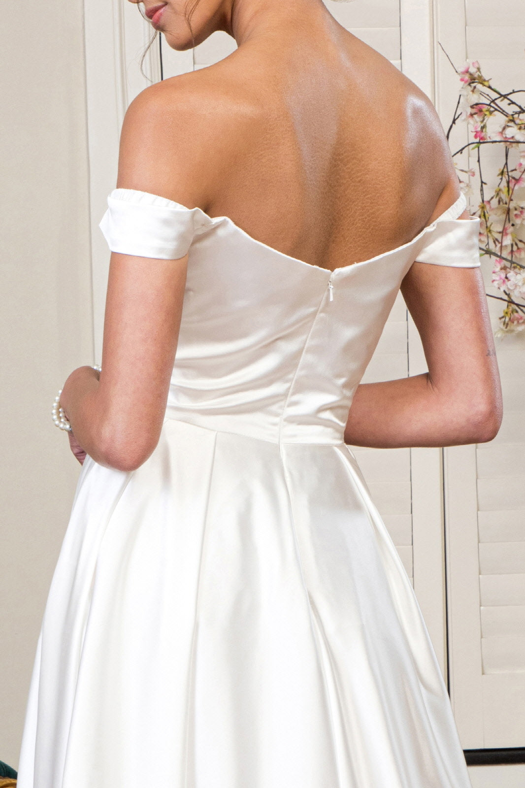 Pleated Waistline Sweethearted Cut-Away Shoulder Satin A-Line Dress - Mask Not Included GLGL1908 Elsy Style Wedding Dress