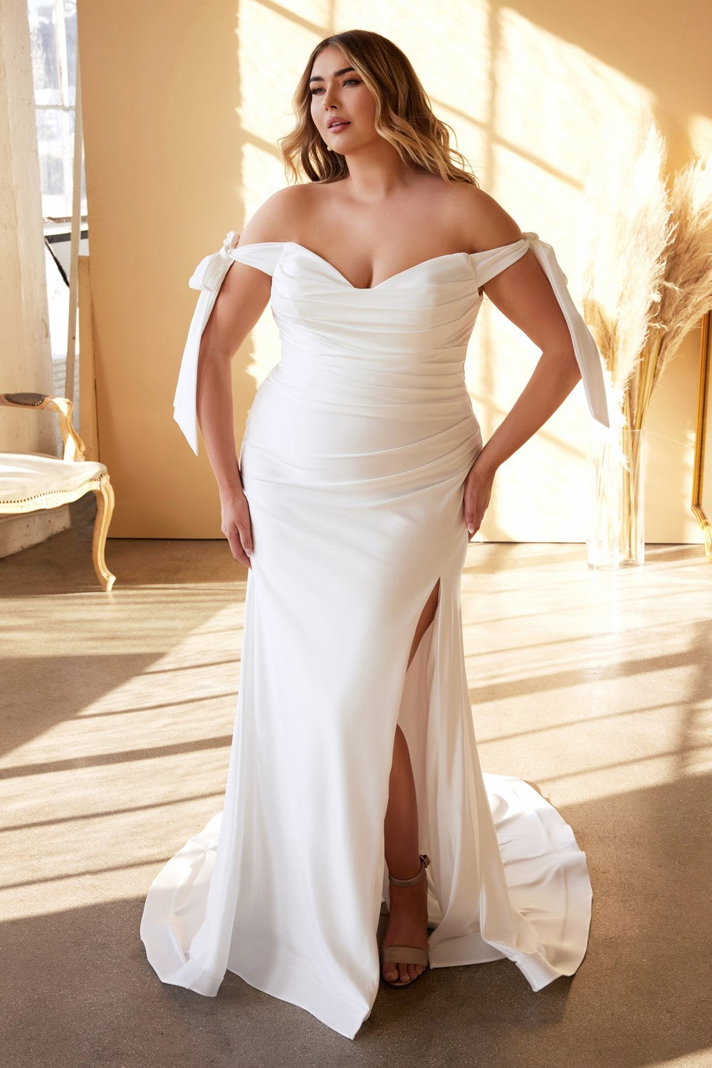 Plus Size Fitted Wedding Gown Off Shoulders Cowl Neckline Bodice with Tied Straps Stretch Satin Bridal Dress with Leg Slit CDCD944WC Elsy Style Wedding Dress