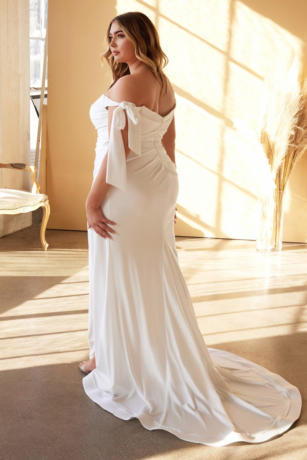 Plus Size Fitted Wedding Gown Off Shoulders Cowl Neckline Bodice with Tied Straps Stretch Satin Bridal Dress with Leg Slit CDCD944WC Elsy Style Wedding Dress