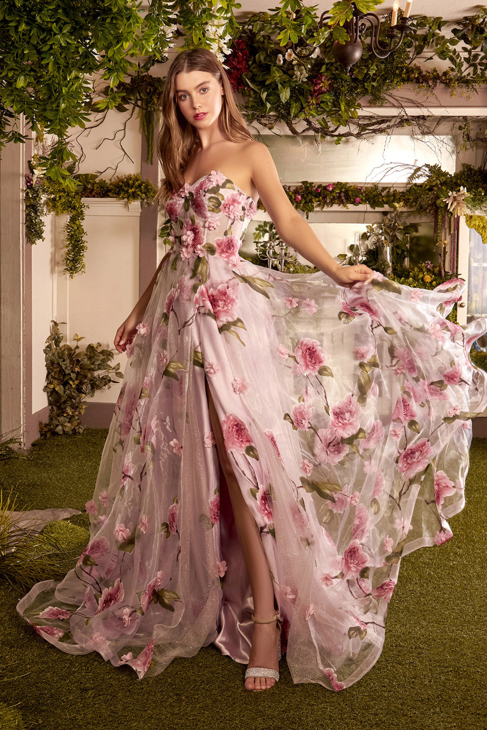 Portrait Of A Rose Printed Organza Side Slit Strapless Long Prom Gown ALA1035 Sale Elsy Style Prom Dress