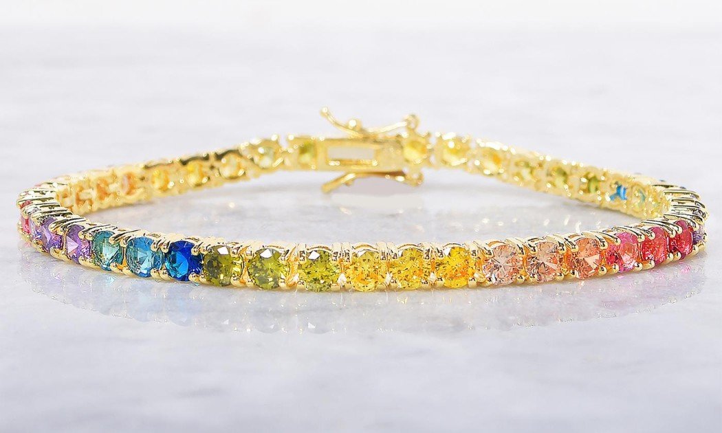 Rainbow  Elements Princess Cut Tennis Bracelet in 14K Gold Plating Elsy Style Bracelet
