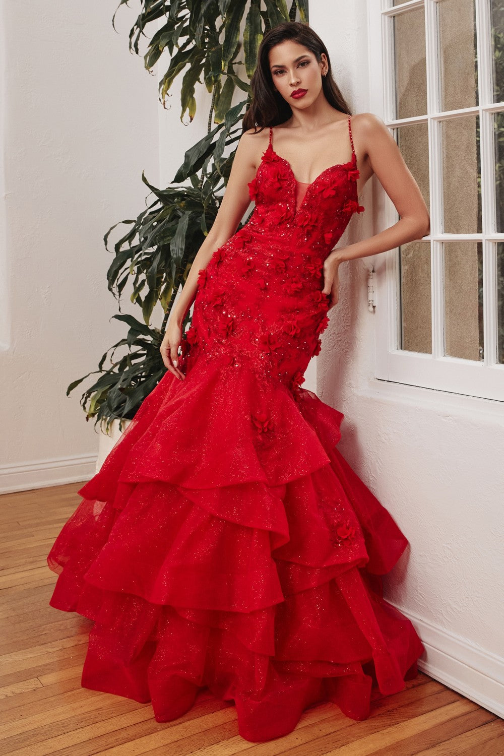 Red Mermaid Royal Gala Hollywood Prom & Elegant Formal Tiered Floral gown Deep V-neck Backless Bodice Ruffled Skirt Sexy Dress CDCM329 Elsy Style Prom Dress
