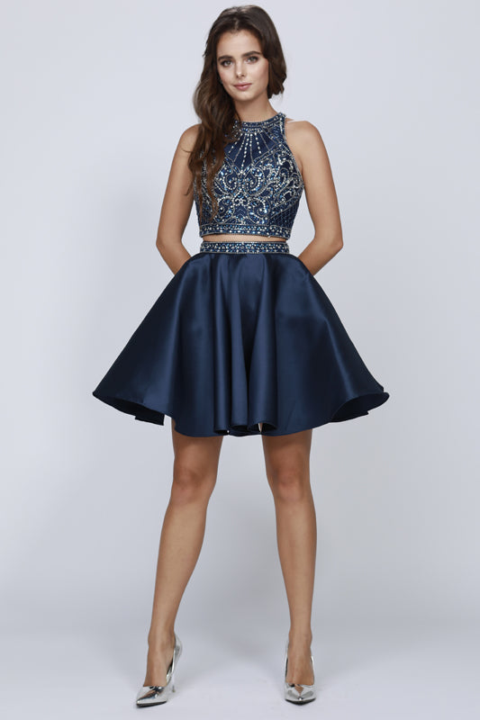 Rhinestone High Neck Two Piece Short Cocktail & Homecoming Dress JT811 Elsy Style Cocktail Dress