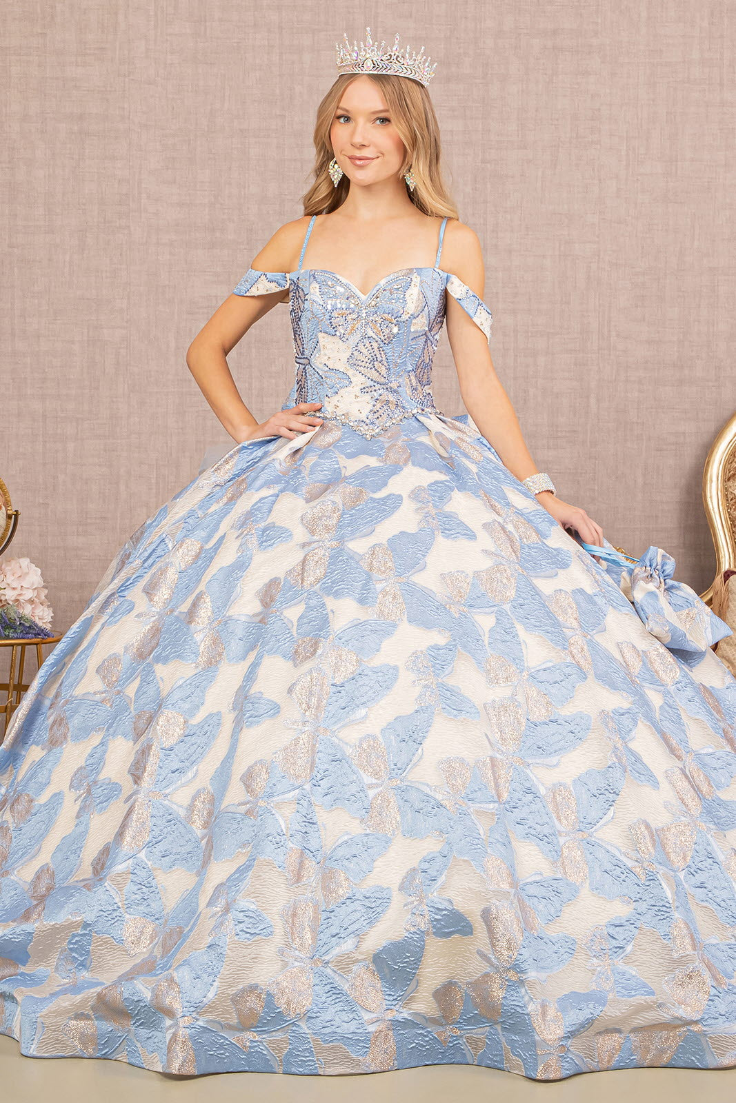 Ribbon Jewel Quinceanera Gown Long Mesh Tail and Mini Bag GLGL3174 Elsy Style QUINCEANERA