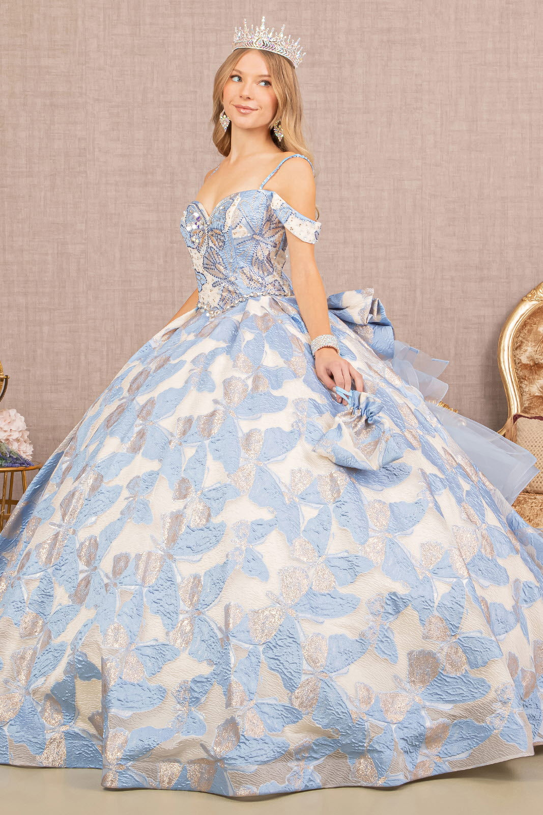 Ribbon Jewel Quinceanera Gown Long Mesh Tail and Mini Bag GLGL3174 Elsy Style QUINCEANERA