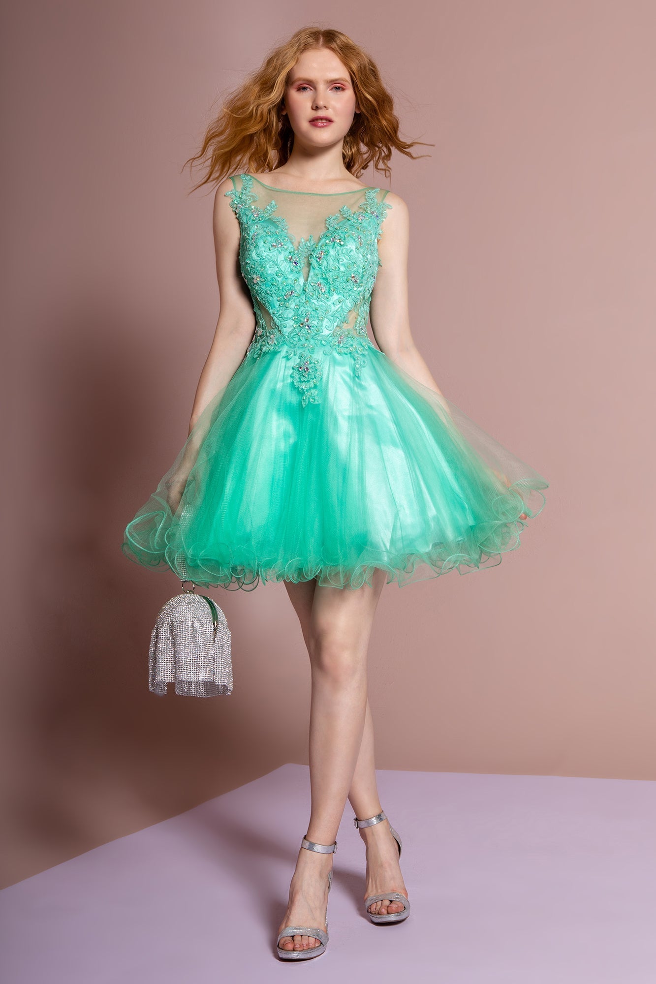 Rolled Hem Short Dress with Sheer Bodice GLGS2156 Elsy Style HOMECOMING
