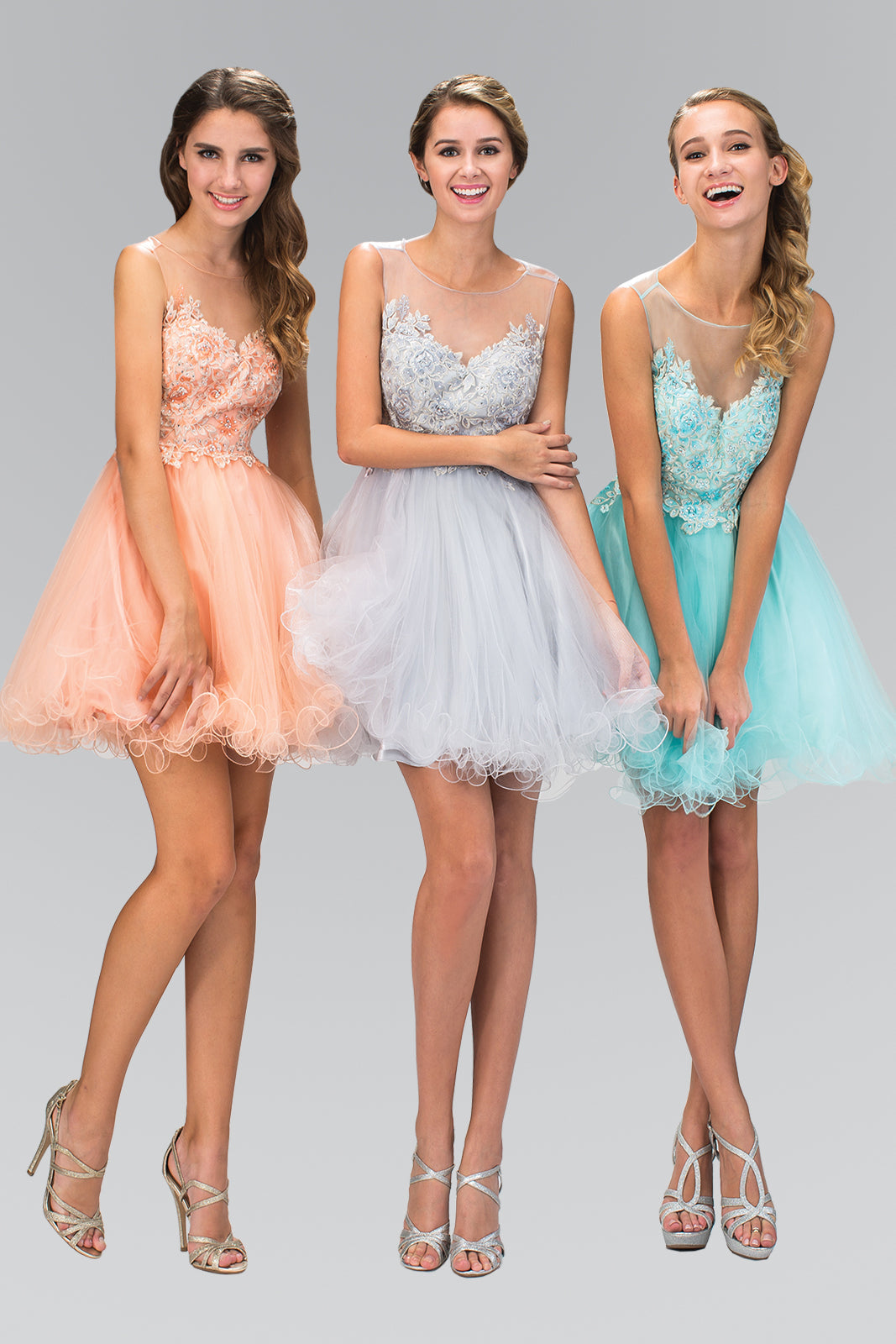 Rolled Hem Tulle Short Dress with Floral Lace Embellished Bodice GLGS2122 Elsy Style HOMECOMING