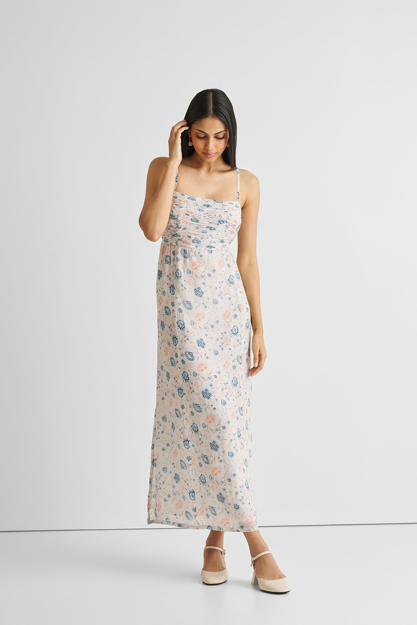 Ruched Floral Strappy Maxi Dress
