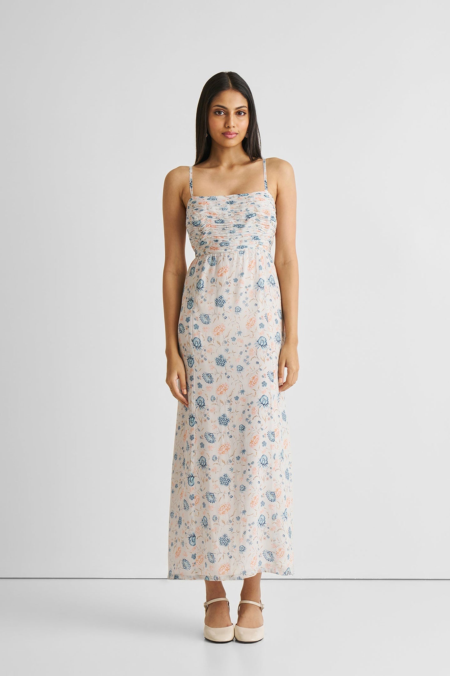 Ruched Floral Strappy Maxi Dress