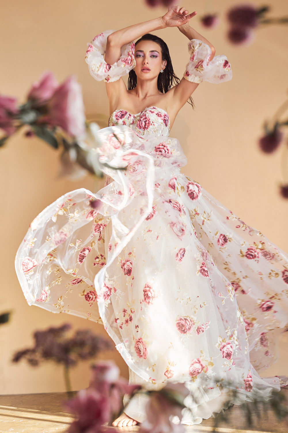 STRAPLESS ORGANZA PEONY PRINT BALL GOWN ALA1133 Elsy Style All dresses