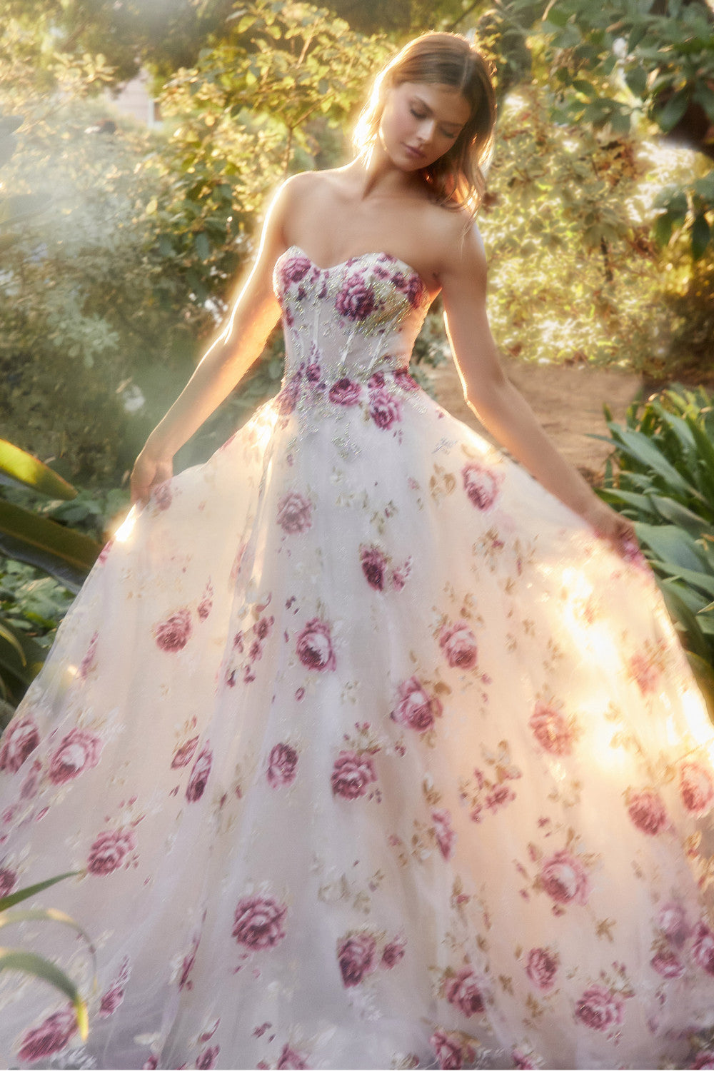 STRAPLESS ORGANZA PEONY PRINT BALL GOWN ALA1133 Elsy Style All dresses