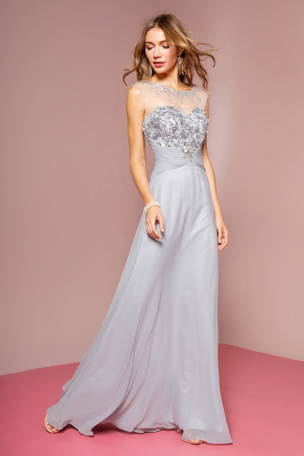 Sequin Embellished Chiffon Long Dress with Beaded Sweetheart Illusion Neckline GLGL2085 Elsy Style PROM