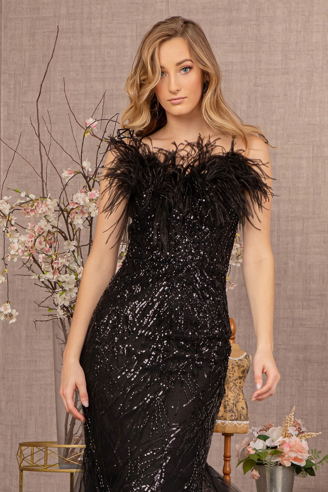 Sequin Sweetheart Mesh Trumpet Dress Feather Embellishment GLGL3117 Elsy Style PROM