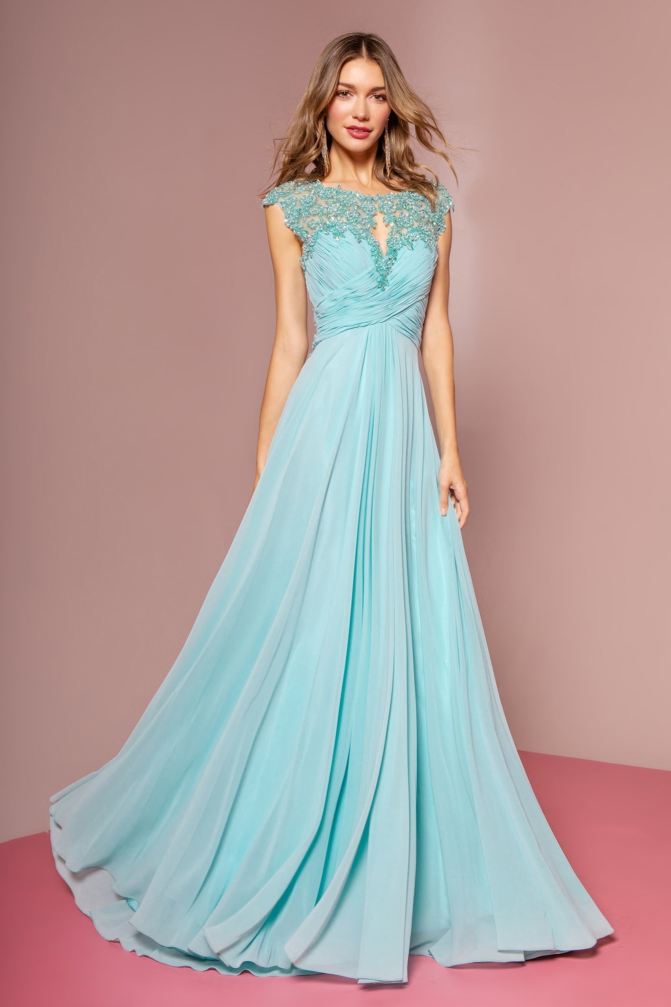 Sheer Back Floor Length Dress with Lace Embellished Ruched Bodice GLGL2136 Elsy Style PROM