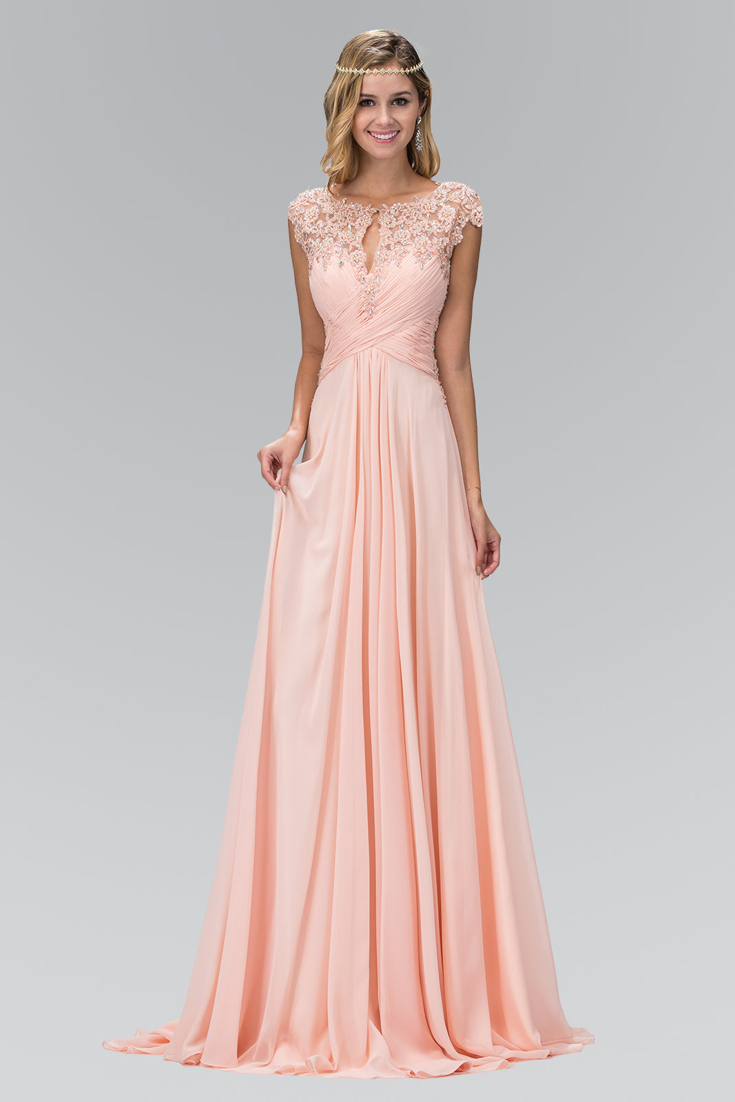 Sheer Back Floor Length Dress with Lace Embellished Ruched Bodice GLGL2136 Elsy Style PROM