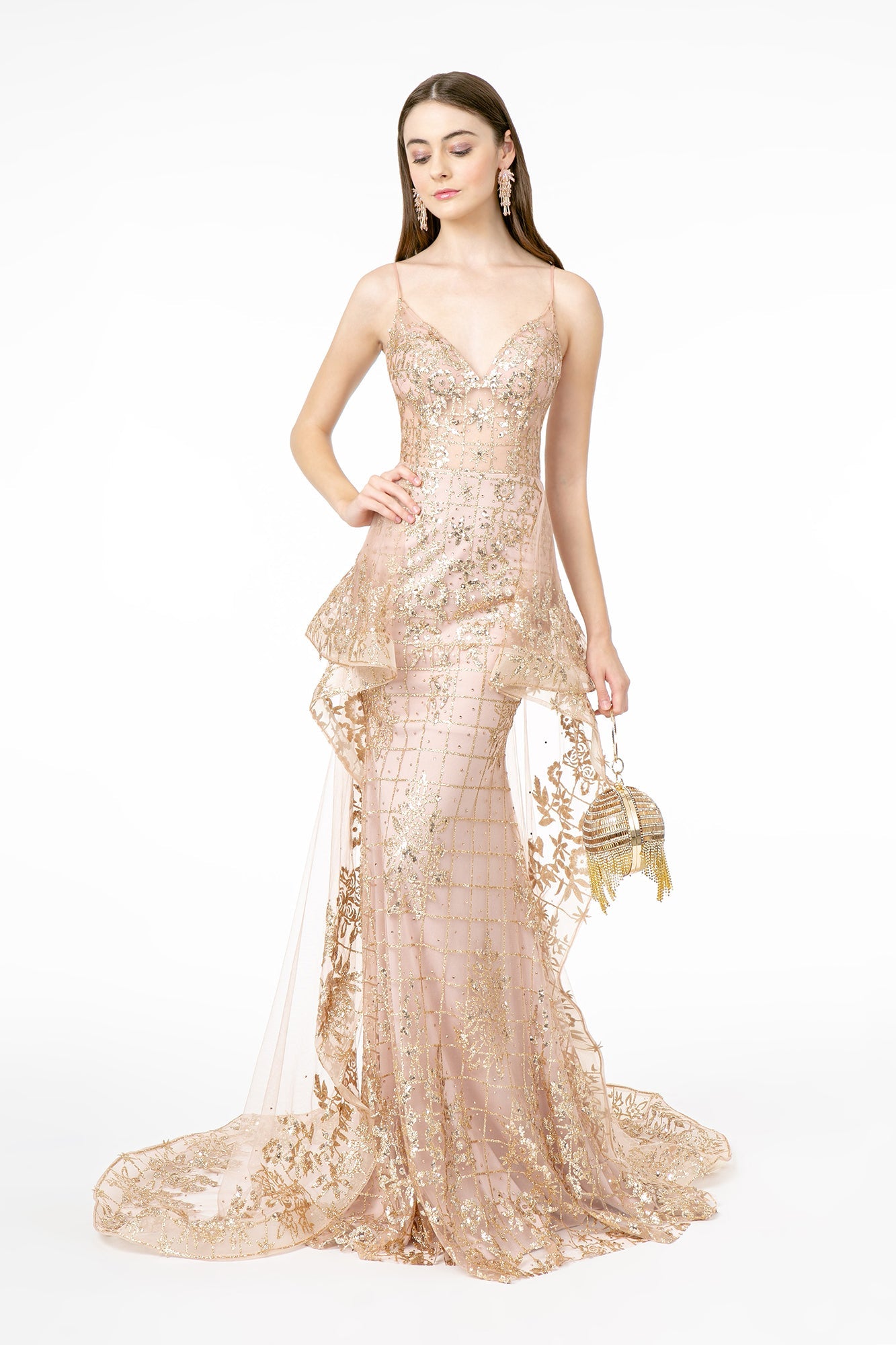Sheer Bodice Glitter Mesh Mermaid Long Dress Tail GLGL2959 Elsy Style PROM
