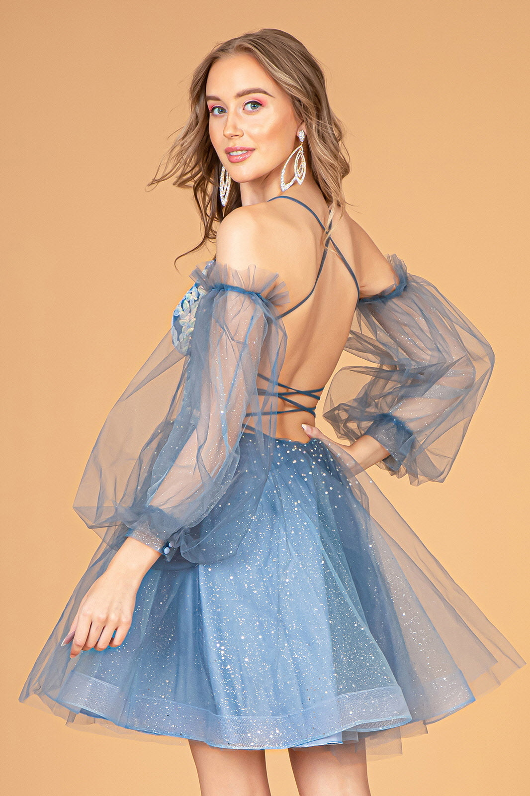 Sheer Bodice Glitter Short Dress Detachable Mesh Long Sleeves GLGS3095 Elsy Style HOMECOMING