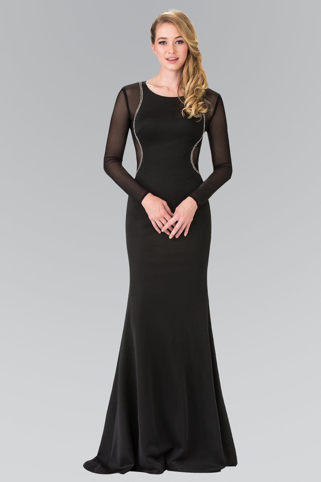 Sheer Long Sleeve Jersey Long Dress Accented with Beaded Details GLGL2284 Elsy Style PROM