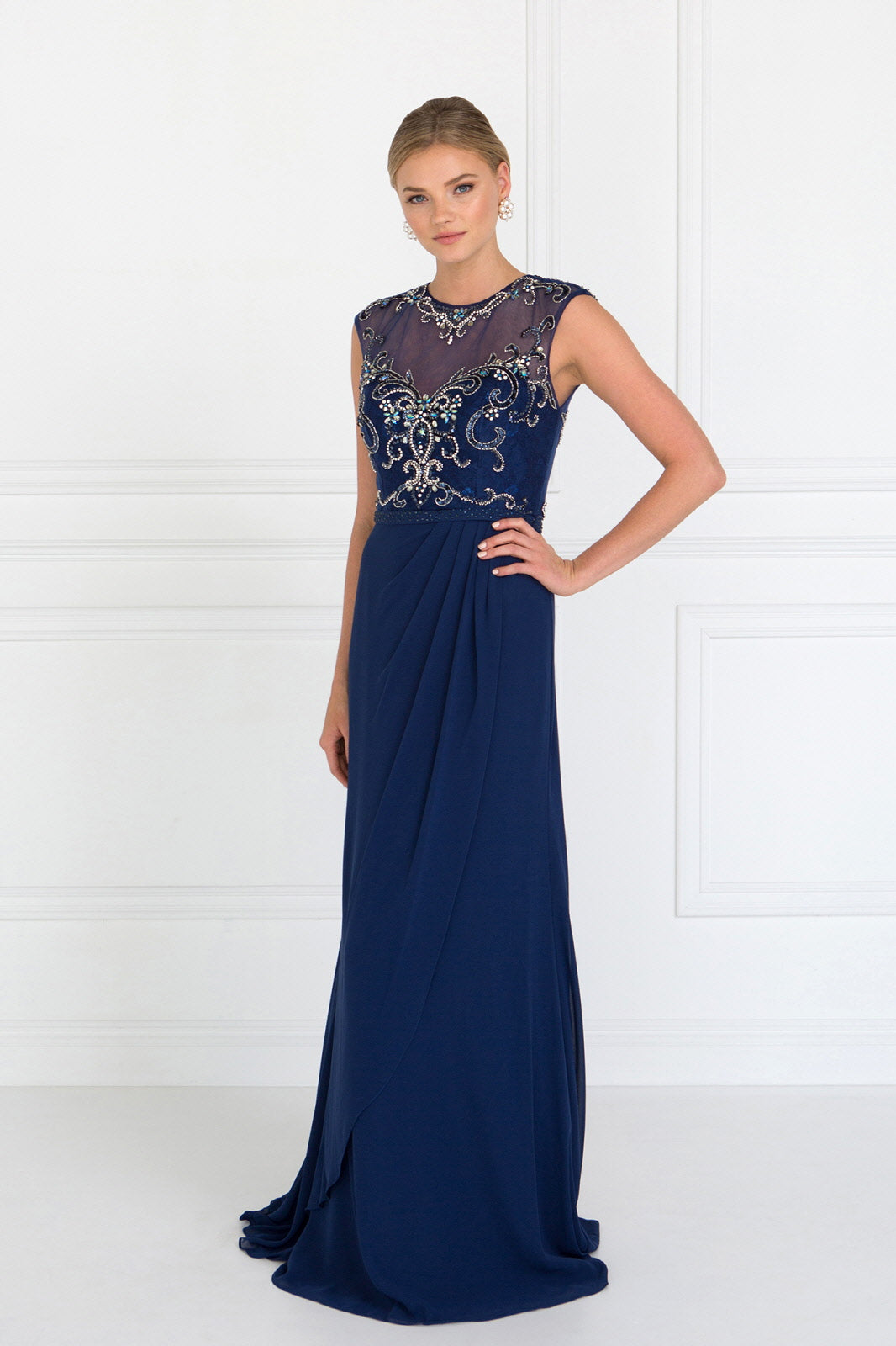 Sleeveless Chiffon Floor Length Dress with Jewel Embellished Bodice and Back GLGL2099 Elsy Style MOTHER OF BRIDE