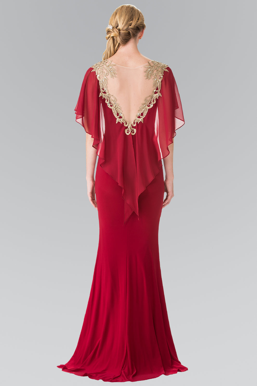 Sleeveless Jersey Long Dress with Attached Cape that Drapes Down the Back GLGL2254 Elsy Style MOTHER OF BRIDE